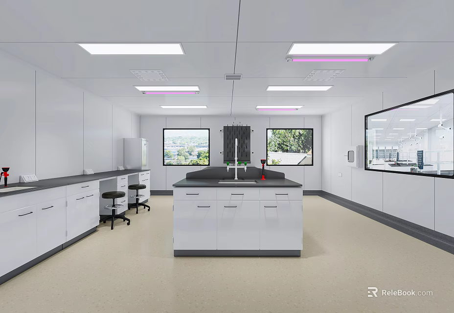 Modern Laboratory Interior With White Cabinets Central Island Counter Chairs Windows And Ceiling Lights 3d model 