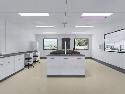 Modern Laboratory Interior With White Cabinets Central Island Counter Chairs Windows And Ceiling Lights 3d model