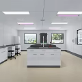 Modern Laboratory Interior With White Cabinets Central Island Counter Chairs Windows And Ceiling Lights