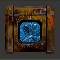 Rusted Metal Chest With Blue Glowing Panels And Transparent Sections Vintage Tech Design
