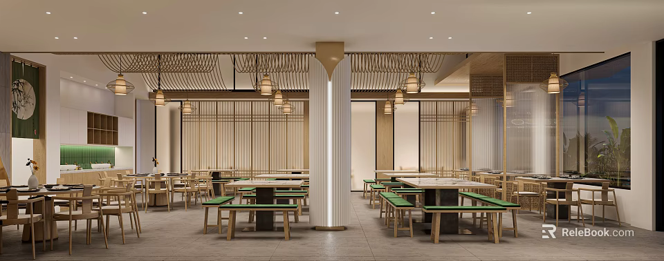 Modern Oriental Restaurant Interior With Wooden Screens Lantern Lights Green Benches And White Columns 3d model 