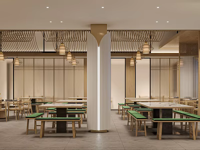 Modern Oriental Restaurant Interior With Wooden Screens Lantern Lights Green Benches And White Columns 3d model