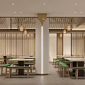 Modern Oriental Restaurant Interior With Wooden Screens Lantern Lights Green Benches And White Columns