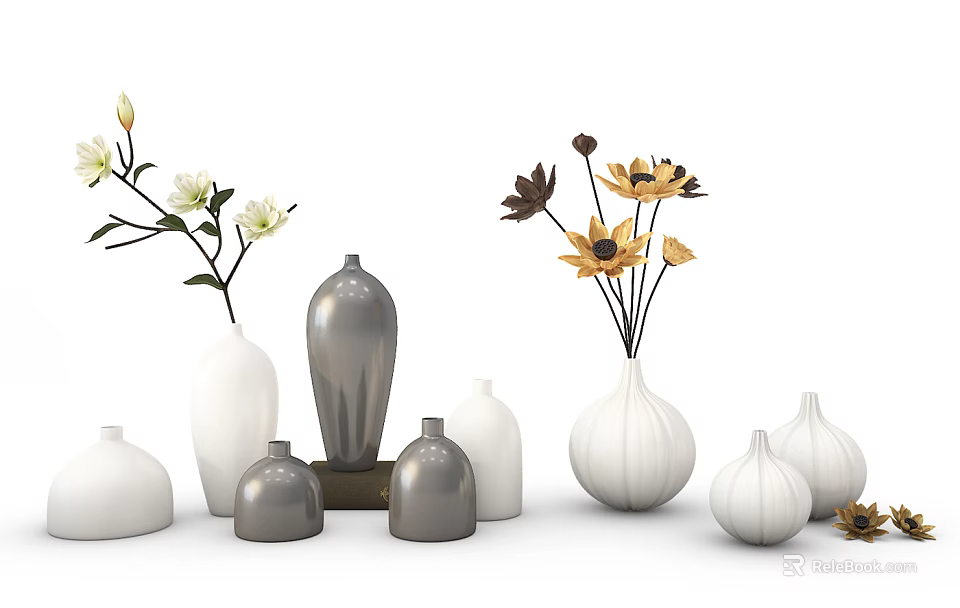 Assorted White and Gray Vases Featuring Decorative Flowers in Modern Style 3d model 