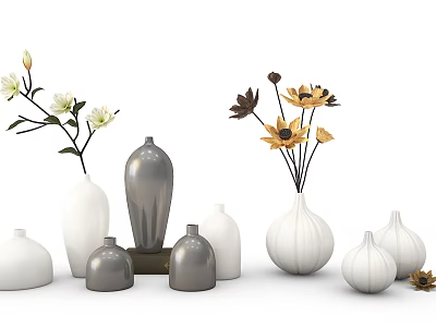 Assorted White and Gray Vases Featuring Decorative Flowers in Modern Style 3d model