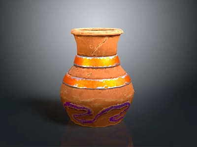 Decorative Clay Pot With Orange Ring Accents And Purple Wavy Patterns 3d model