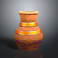 Decorative Clay Pot With Orange Ring Accents And Purple Wavy Patterns