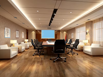 Modern Meeting Room With Wooden Floor Black Office Chairs White Sofas Paintings And Large Screen 3d model