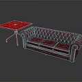 Modern Furniture Set Featuring Red Square Table And Burgundy Tufted Sofa