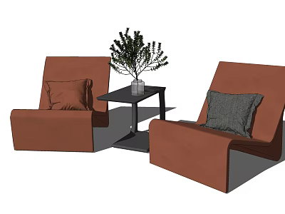 Stylish Brown Leisure Chairs With Light Brown Dark Gray Pillows Small Black Table Potted Plant 3d model