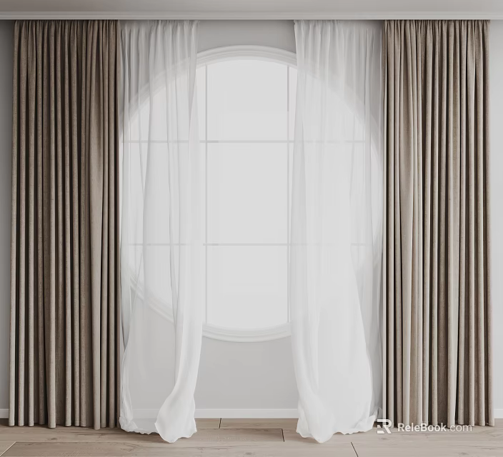 Layered Curtains With White Sheer And Beige Thick Panels For Modern Arched Window Interior 3d model 