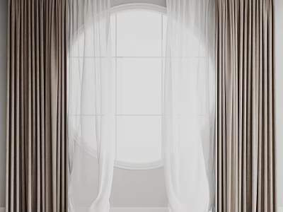 Layered Curtains With White Sheer And Beige Thick Panels For Modern Arched Window Interior 3d model