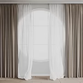 Layered Curtains With White Sheer And Beige Thick Panels For Modern Arched Window Interior