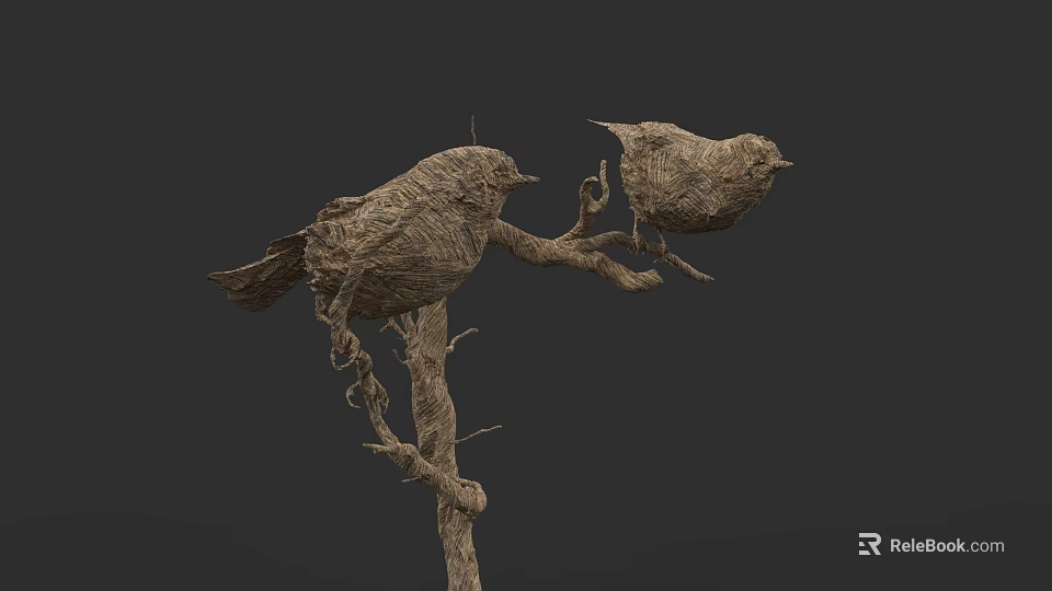Artistic Twig Woven Bird Models Perched On Branch Against Dark Background 3d model 