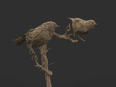 Artistic Twig Woven Bird Models Perched On Branch Against Dark Background 3d model