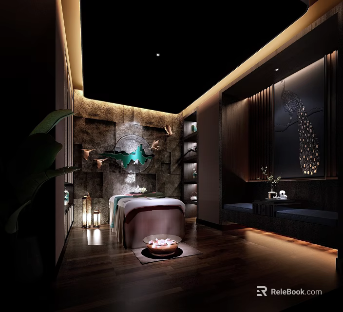Luxurious SPA Sauna Interior With Massage Table Stone Wall Green Plant And Warm Lighting 3d model 