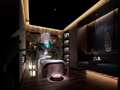 Luxurious SPA Sauna Interior With Massage Table Stone Wall Green Plant And Warm Lighting 3d model