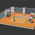 Cartoon Tennis Court Scene With Lego Style Characters White Fence Yellow Surface And Seating Area