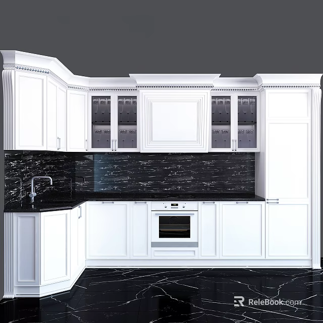 Modern Kitchen Interior With White Cabinets Glass Doors And Black Marble Backsplash 3d model 