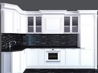 Modern Kitchen Interior With White Cabinets Glass Doors And Black Marble Backsplash 3d model