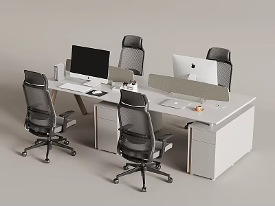 Modern Office Workspace With White Desk Black Mesh Chairs And Computer Monitors 3d model