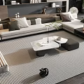 Modern Sofa And Coffee Table Set With Pillows Striped Rug And Wooden Bookshelf