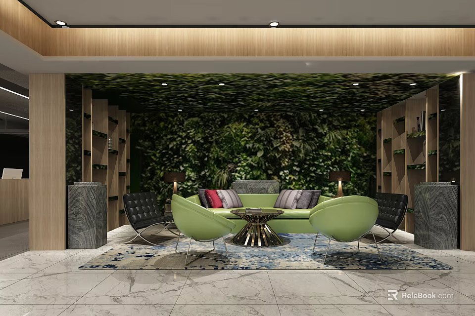 Modern Lounge Area Featuring Green Plant Wall Comfortable Sofa Green Chairs And Decorative Rug 3d model 