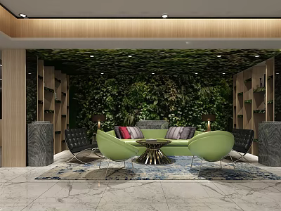 Modern Lounge Area Featuring Green Plant Wall Comfortable Sofa Green Chairs And Decorative Rug 3d model