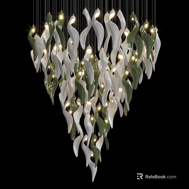 Modern Chandelier With White And Green Leaf Shaped Decorations And Illuminated Bulbs 3d model 
