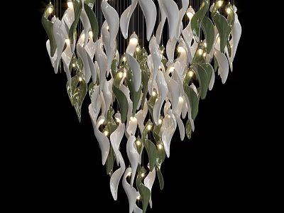 Modern Chandelier With White And Green Leaf Shaped Decorations And Illuminated Bulbs 3d model