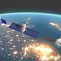 Satellites With Solar Panels Orbiting Earth Over Illuminated Night Lights 3d model