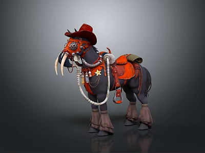 Steampunk Cowboy Decorative Horse With Red Saddle Hat And Tusk Ornaments 3d model