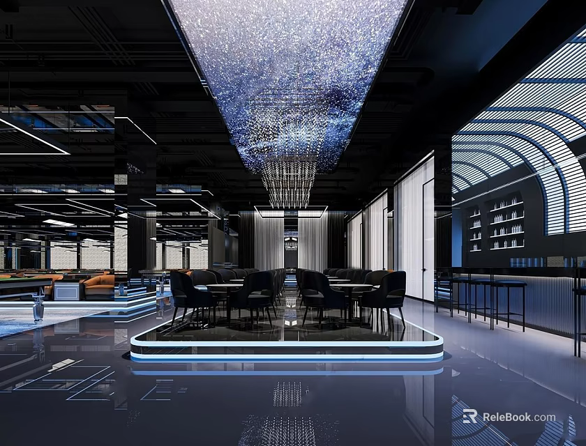 Modern Billiard Room Interior With Starry Ceiling Lighting And Black Furniture 3d model 