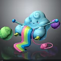 Adorable Blue Cloud Shaped Creature Knitting With Colorful Yarn Balls And Rainbow Yarn