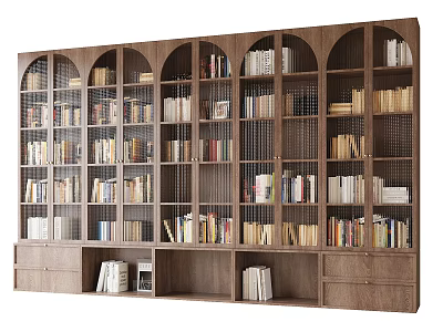 Spacious Wooden Bookcase Featuring Multi Compartments And Arched Shelves Filled With Books 3d model