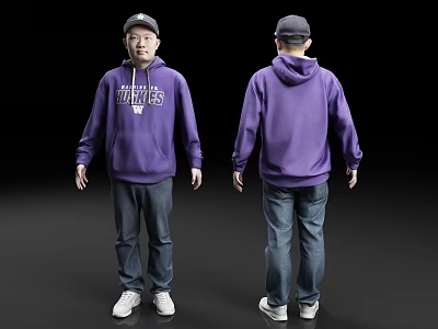 Man in Purple Hoodie Jeans and White Sneakers With Cap Front and Back Views 3d model