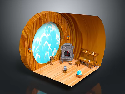 Cozy Rustic Wooden Interior Featuring Blue Circular Window Stone Fireplace Wooden Table And Chair 3d model