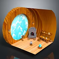Cozy Rustic Wooden Interior Featuring Blue Circular Window Stone Fireplace Wooden Table And Chair