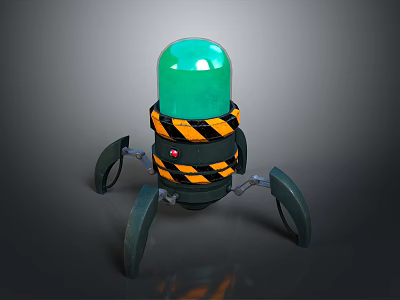 Mechanical Spider Like Creature With Green Sphere Top And Warning Stripes Design 3d model