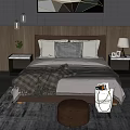 Bed with Headboard Background Geometric Wall Art Nightstands Table Lamps Small Plants Rug Wooden Floor