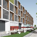 Modern Building Exterior Design With Wood Glass Facade Large Windows Pedestrians And Tree On Street