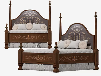 Wooden Four Poster Double Bed With Carved Headboard White Pillows And Fringe 3d model