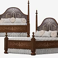 Wooden Four Poster Double Bed With Carved Headboard White Pillows And Fringe