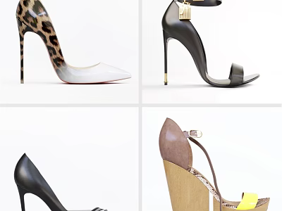 Stylish Women High Heels Featuring Leopard Print Black Stiletto And Wedge Designs 3d model