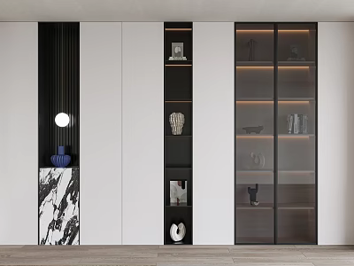 Modern White And Black Bookcase With Glass Doors Marble Countertop And Decorative Items 3d model