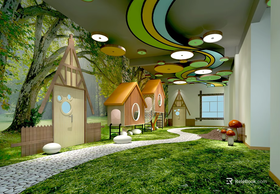 Enchanting Kindergarten Interior With Green Grass Pathway Small Houses Mushroom Decorations And Colorful Ceiling 3d model 