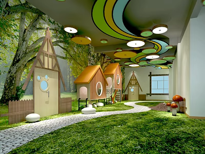 Enchanting Kindergarten Interior With Green Grass Pathway Small Houses Mushroom Decorations And Colorful Ceiling 3d model