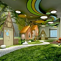 Enchanting Kindergarten Interior With Green Grass Pathway Small Houses Mushroom Decorations And Colorful Ceiling