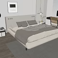 Modern Double Bed with Upholstered Headboard in Minimalist Bedroom Gray Bedding and Wooden Desk