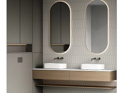 Modern Double Sink Bathroom Vanity With Oval Mirrors Hexagonal Tiles Gray Cabinets And Wood Countertop 3d model
